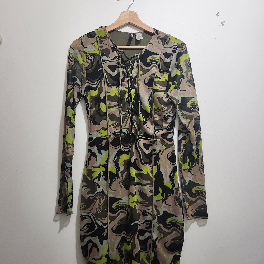 H&M Camouflage Long Sleeve Dress - Green, Black, Tan